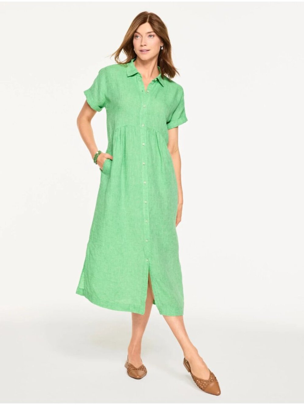 NWT Talbots 100% Linen Shirtdress Womens L Bouquet Green White Midi Minimalist